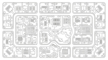 Fototapeta premium Aerial View Neighborhood Map Coloring Page - Residential Suburb Line Art Illustration with Eco-Friendly Houses, Parks, and Gardens