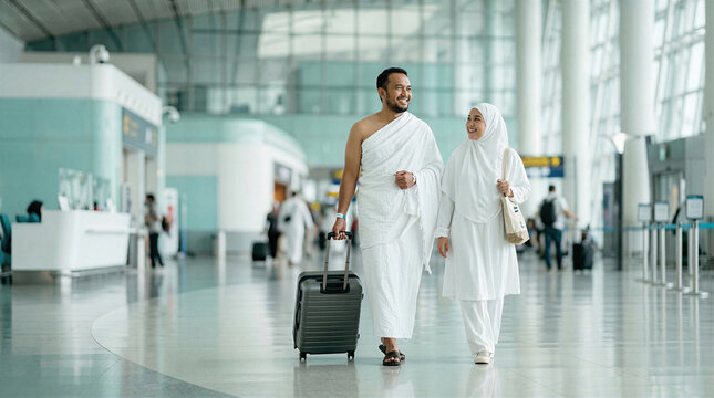 Smiling Southeast Asian Muslim couple walking in airport terminal for Hajj. Indonesian husband and wife in white Ihram garments with suitcase.