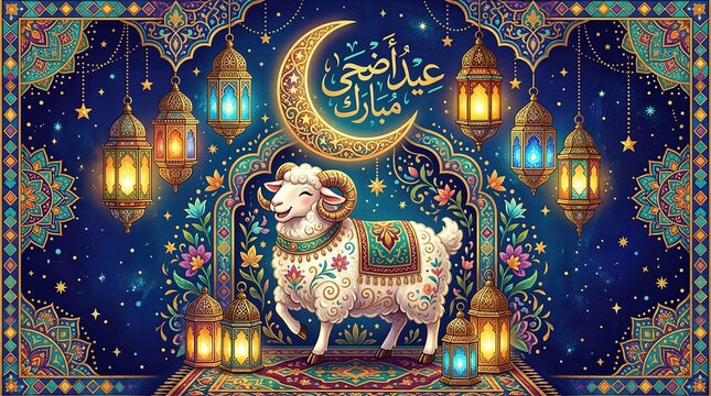 Joyful decorated white sheep standing under large golden crescent moon surrounded by glowing colorful lanterns and ornate floral frame.