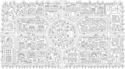 Fototapeta premium Eco-Friendly Sustainable City Map Coloring Page with Solar Panels, Wind Turbines, and Green Spaces - Top Down Aerial Vector Illustration of a Modern Green Neighborhood
