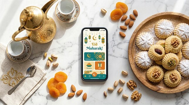 Flat lay of smartphone with Eid Mubarak app on marble table surrounded by traditional Arabic coffee pot, maamoul cookies, pistachios, almonds, and dried apricots.
