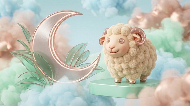 3D fluffy sheep with button eyes standing on mint green pedestal next to satin metal crescent moon and soft colorful abstract clouds.