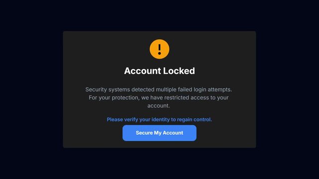 Account Locked Warning Notification, Modern Cybersecurity UI Overlay, Login Failed Alert Popup, Clean Flat Graphic.