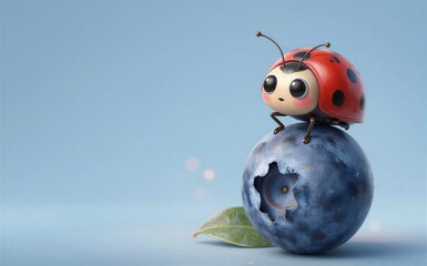 Naklejka premium Cute ladybug perches on blueberry with gear cutout leaf nearby