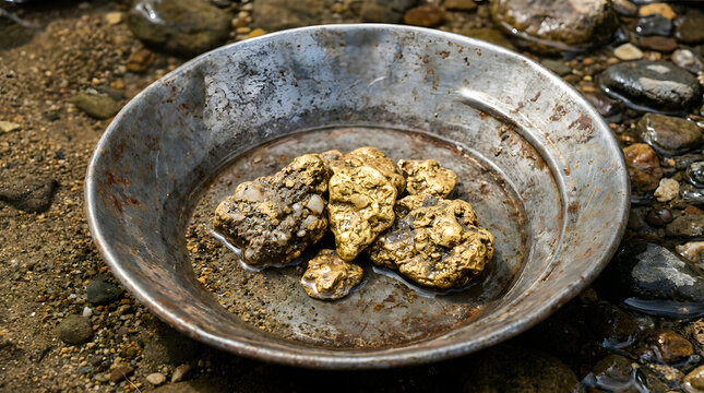 Gold nuggets in rustic metal pan during prospecting in natural outdoor setting with earthy textures. Generative AI