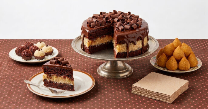 Mesa de festa com bolo de chocolate e coco, brigadeiros, beijinhos e coxinhas sobre toalha marrom com bolinhas rosa