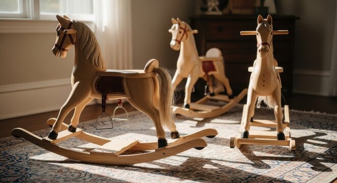 Wooden Rocking Horses in a Brightly Lit Room.