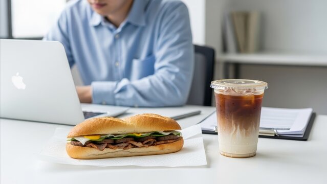 Business - Asian Man Working at Office Desk with Subway Sandwich Iced Latte Laptop and Clipboard During Lunch Break