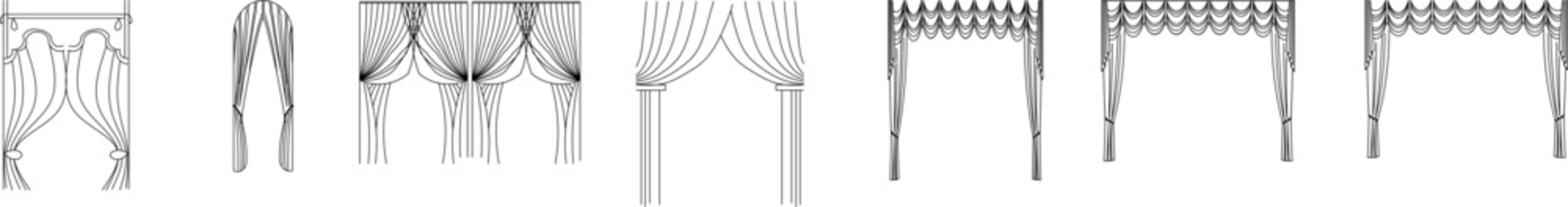 Collection of formal curtain and drapery design symbols featuring swags, jabots, tails, and decorative valances with various pleating patterns. Window treatment symbols for interior architectural plan