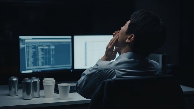 Technology - Exhausted Asian Man Working Late Night at Dual Monitor Computer Desk Surrounded by Energy Drinks and Coffee Cups