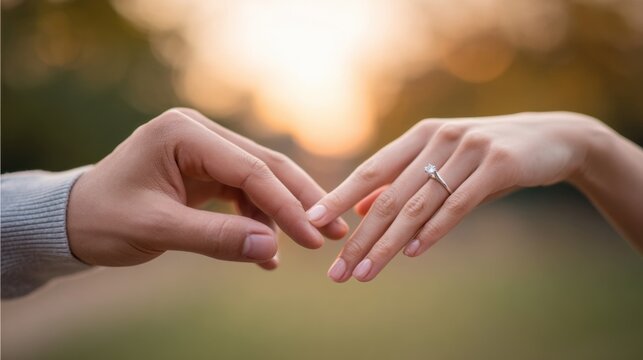 Romantic engagement ring on woman hand with couple touching fingers at sunset. Elegant diamond jewelry close up symbolizing love, proposal, commitment and modern wedding romance