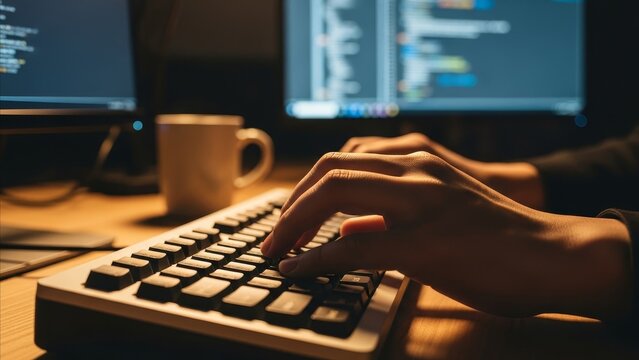 Technology - Developer Typing Code on Mechanical Keyboard with Dual Monitors Displaying Programming Interface at Night