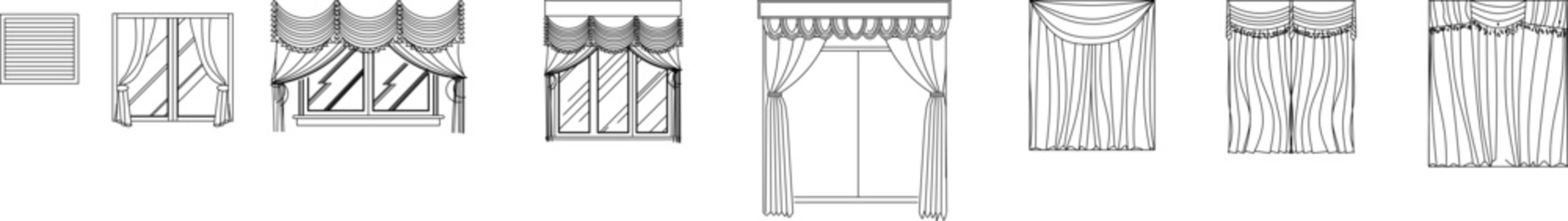 Collection of curtain and drapery design symbols featuring various styles including swags, tails, valances, and tiebacks. Window treatment symbols for interior design plans in monochrome line art.