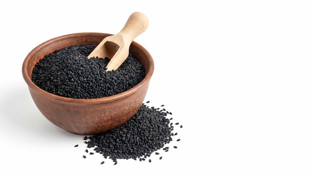 A rustic clay bowl filled with aromatic black cumin seeds and a wooden measuring scoop