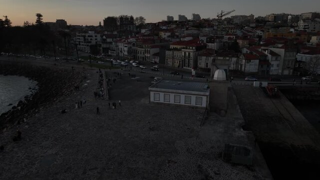 Drone Footage of Foz do Douro Waterfront in Porto Portugal During a Golden Sunset