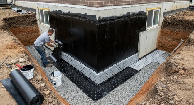 Worker Applying Waterproofing Membrane to New House Foundation.