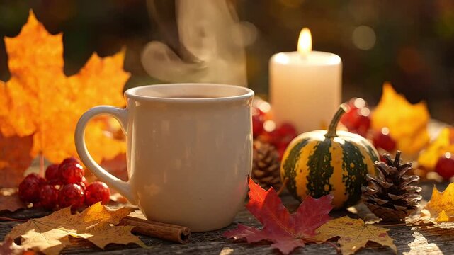 Autumn leaves, steaming coffee cup, fall decorations, cozy seasonal table setting
