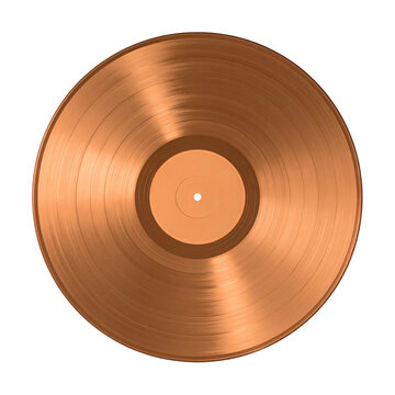 Close up of a shiny bronze or copper colored vinyl record showing detailed grooves and center label ready for music production&nbsp;