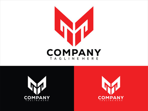 Modern company logo design with stylized letter M on white, black, and red backgrounds for branding and identity