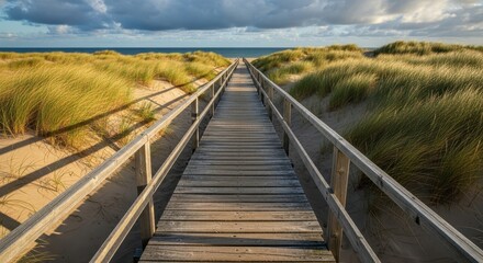 Obraz premium Wooden Boardwalk Leading to the Ocean Through Sandy Dunes.