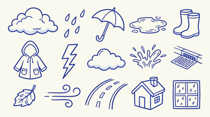 Collection of hand-drawn doodle icons representing various weather elements and rainy day activities. © zainab