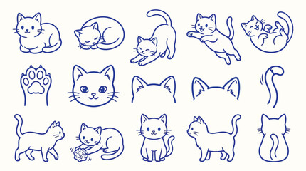 Fototapeta premium Collection of cute cartoon cat illustrations in various poses and actions, perfect for playful designs.