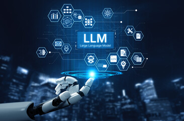 Obraz premium Large Language Model LLM processing data. Represents deep text learning, natural language processing NLP AI tech, transformer architecture, and generative AI deep learning future technology. Corpus