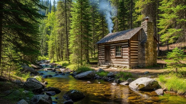 Cozy log cabin nestled in forest by mountain stream.