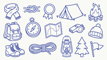 Collection of hand-drawn camping and hiking icons in a doodle style, perfect for outdoor adventure themes. © zainab