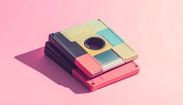 Colorful stack of old floppy disks.
