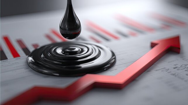 A viscous black drop falls into a pool on a chart with an upward trending red arrow