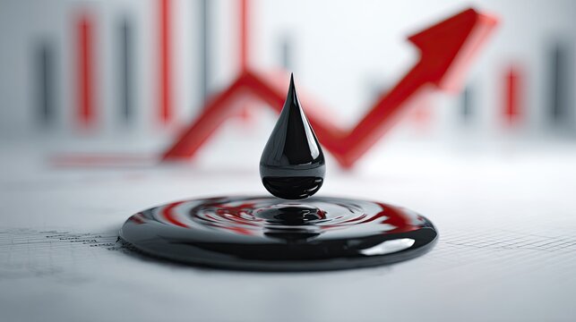 A dark oil drop creates ripples on a surface with an upward trending graph