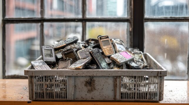 A bin filled with discarded, dirty, old mobile phones sits by a window
