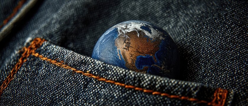 A miniature planet Earth rests within a denim pocket