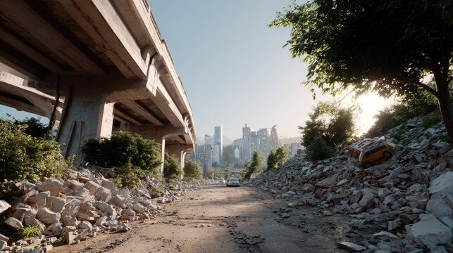 Urban Decay Landscape: An overpass looms over a desolate, debris-strewn path leading towards a distant city skyline, with overgrown vegetation encroaching on the scene.