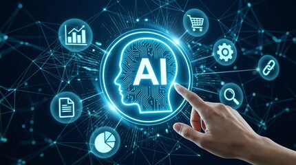 Naklejka premium Human hand pointing at glowing artificial intelligence brain, symbolizing digital transformation, future technology, data analytics, and smart business