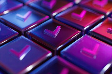 Rows of shiny, square buttons with glowing checkmarks in a purple and blue gradient