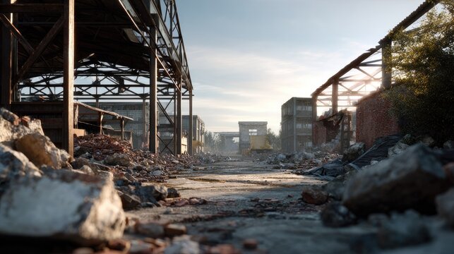 Ruined Industrial Landscape: The remnants of abandoned factories and destroyed buildings create a desolate, post-apocalyptic scene, with rubble scattered across a dirt path under a clear, bright sky.