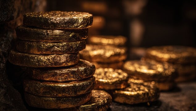 Stack of ancient, textured gold coins glinting in dim light