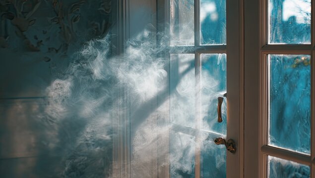 Ethereal mist drifts through an open doorway, catching sunlight
