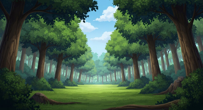 Animated forest landscape with tall green trees bordering a bright grassy path, leading into the distance under a clear blue sky, perfect for various fantasy game backgrounds.