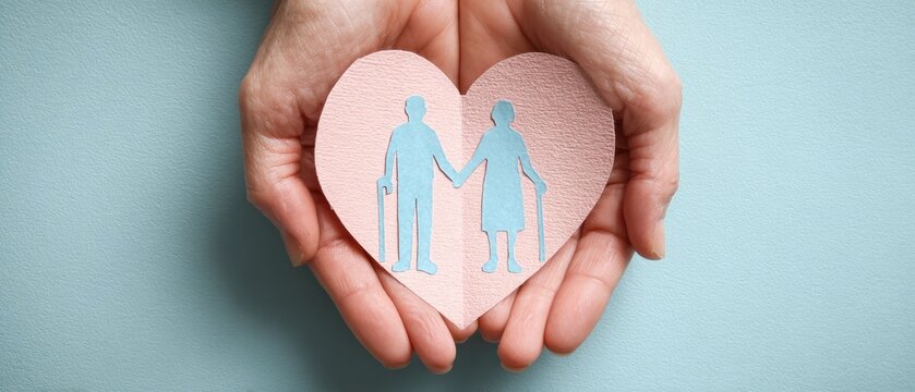 Cupped hands gently hold a paper heart with senior couple silhouettes