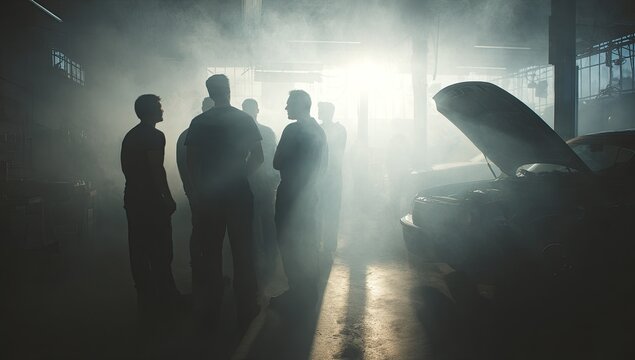 Mysterious Group of People Gathered Around a Car in Foggy Atmosphere.