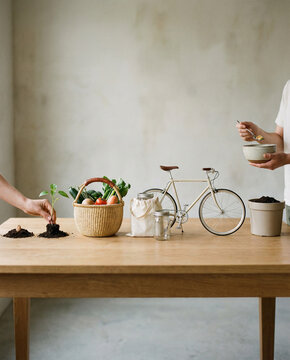 Sustainability elements on a table.