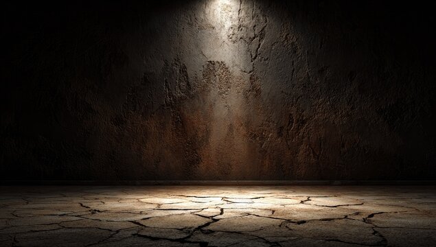 Textured, cracked floor and rough wall illuminated by spotlight
