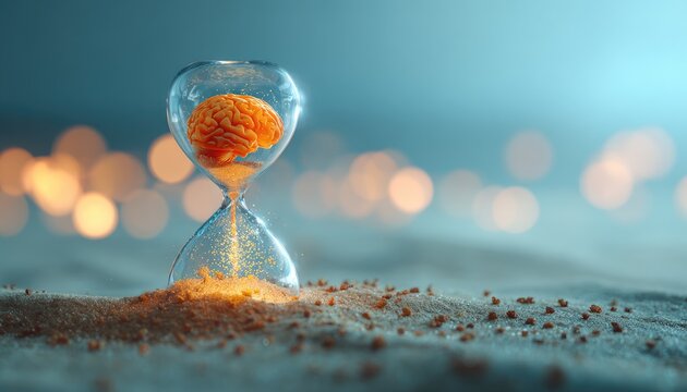 A miniature brain flows within an hourglass, with sand and bokeh background