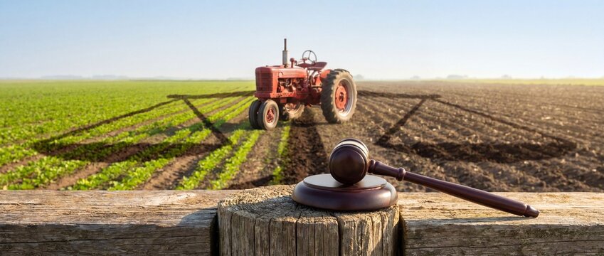 Legal gavel on desk in front of rural tractor and golden field representing farming industry law and policy decisions