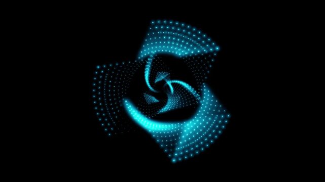 A rotating isosceles blue neon 3D triangle composed of small, alternately glowing dots isolated on a black background. Sacred geometry. 4K loop animation at 60 fps.