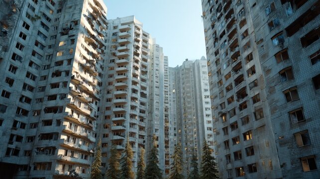 Abandoned Cityscape: Towering, decaying apartment blocks stand testament to urban neglect, their weathered facades and empty windows creating a hauntingly desolate atmosphere under a clear sky.