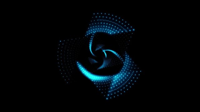 A rotating isosceles blue neon 3D triangle composed of small, alternately glowing dots isolated on a black background. Sacred geometry. 4K loop animation at 60 fps.